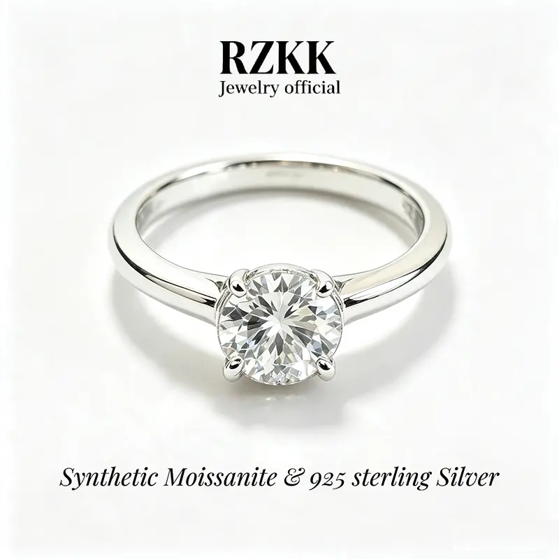 【#8 Vow】 Women's S925 Sterling Silver  4-Prong Round Moissanite Solitaire Ring 1ct D Color VVS1 Clarity Synthetic Gemstone Minimalist Wedding Ring Size 6-9