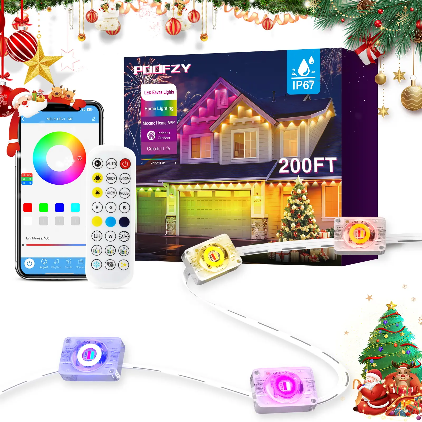 POOFZY 200ft Permanent Outdoor Lights for House — RGB+IC Smart Decor with 50 Scene Modes, App & Remote Control, for Daily, Christmas, V-Day, Thanksgiving & Holiday Party Decor