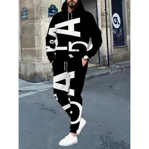 2pcs Set Comfortable Thinking Men's Letter Print Resting Hoodie and Sweatpants with Drawstring, Pockets, Suitable for Spring and Autumn Outdoor Activities