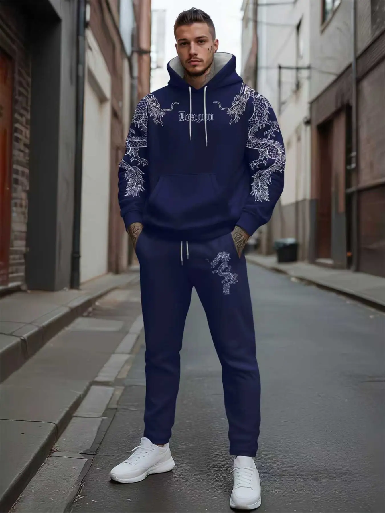Trendy Dragon Totem Print Hoodie Set, Casual Sportswear for Running & Outdoor, Long Sleeve Fitted Pants, Streetwear Tracksuit Set, Fall&winter Wear