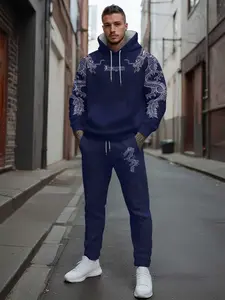 Trendy Dragon Totem Print Hoodie Set, Casual Sportswear for Running & Outdoor, Long Sleeve Fitted Pants, Streetwear Tracksuit Set, Fall&winter Wear