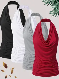 【Plus Size】 Solid Color Halter Neck Top, Casual Chic Sleeveless Top for Daily Wear, Women Plus Clothing for All Seasons
