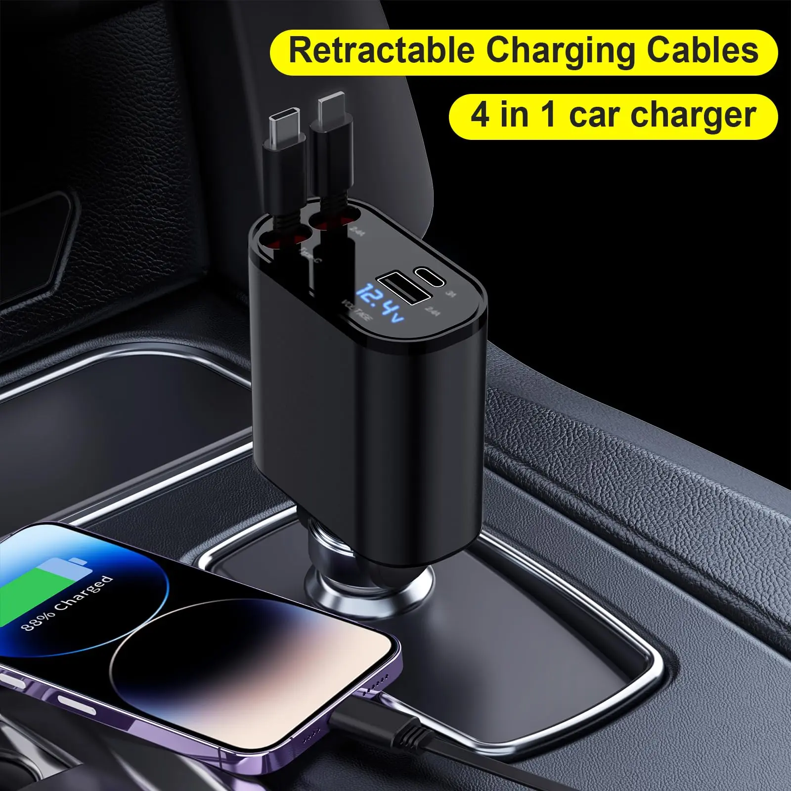 4-in-1 Collapsible Retractable USB Mobile Charger - High Speed PD QC3.0 Fully Automatic Charger with USB-C Adapter, Lightning Cable, 80cm/31.5in Type-C Charging for iPhone 16/15/14/13 Pro Max Plus, Samsung S23/S22/S10, Fast Charging Supported