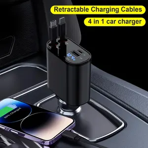 4 in 1 Retractable Car Charger, USB C Fast Charging Adapter with Lightning Cable Compatible with iPhone 16/15/14/13 Pro Max Plus, Samsung S23/S22/S10