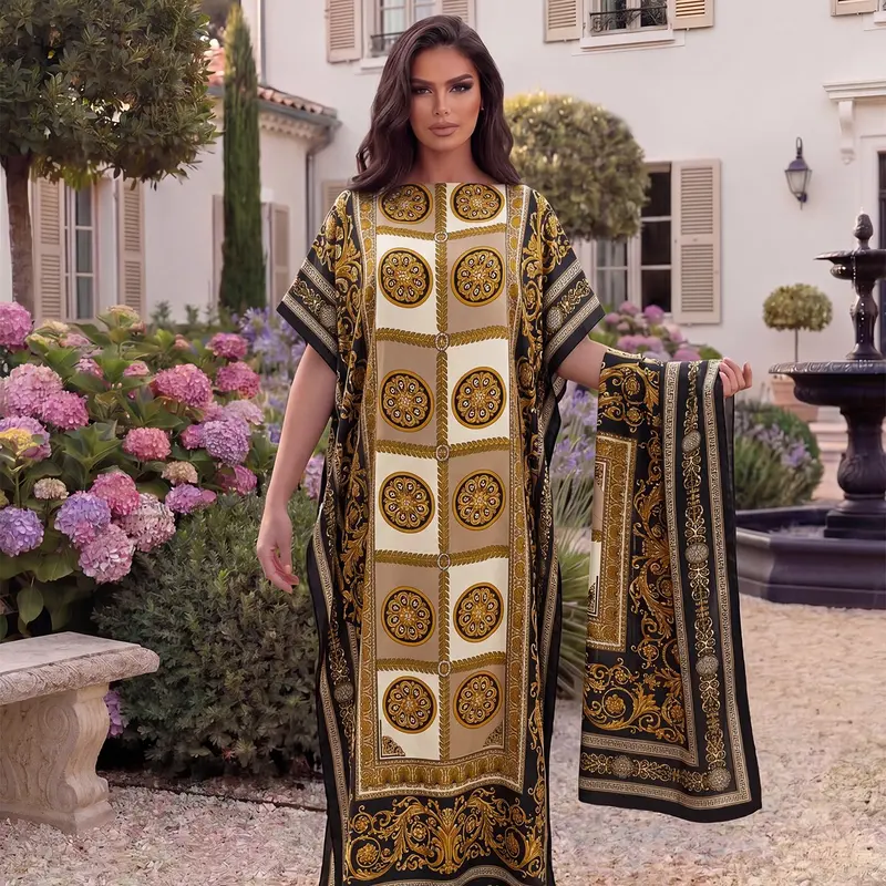 Women's Boho Style Long Robe Set, Fitted All-Over Print Shawl Dress, Sun Protection Silk Scarf, Beachwear for All Seasons, Beach Coverup, Bohemian Cover Up
