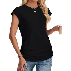 WIHOLL Womens Summer Tops Trendy 2025 Ruched Cap Short Sleeve Tshirts Shirts Crew Neck T Shirts Fashion