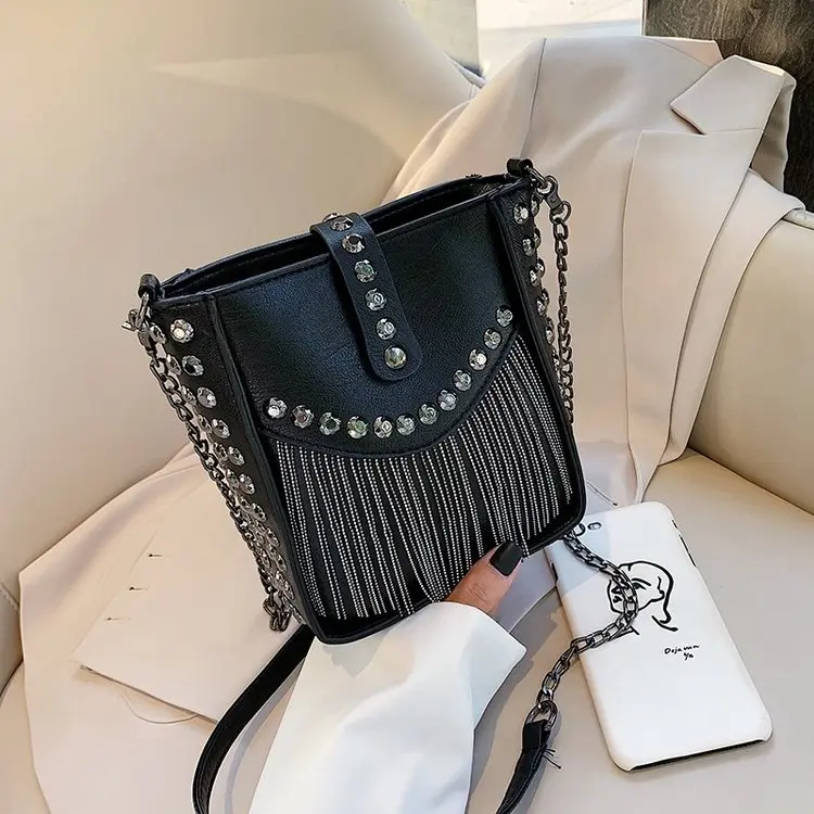 Punk Mini Crossbody Phone Bag, Stud Trim Metal Chain Tassel Decor Adjustable Thin Chain Strap Faux Leather Shoulder Purse For Night Club Concert
