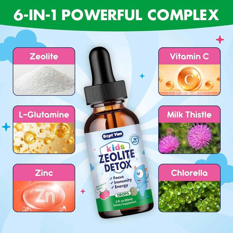Zeolite Detox for Kids Zeolite Liquid Drops with L-Glutamine, Vitamin C, Zinc, Milk Thistle and Chlorella Extract for Detox & Cleanse, Immune, Energy, Cellular Health, Strawberry Flavor 2 Fl Oz