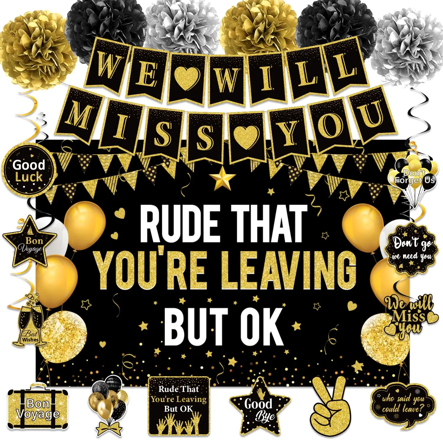 We Will Miss You Decor - Black Gold Farewell Banner, Swirls, Pompoms for Retirement, Going Away, Job Change