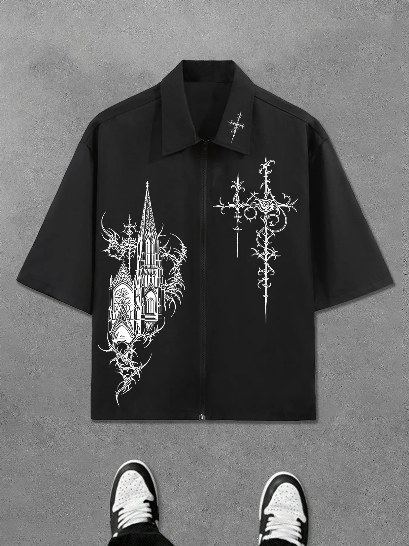 Men's Cyber Sigilism Gothic Cathedral Print Zip-Up Shirt