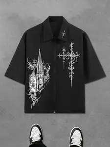 Men's Cyber Sigilism Gothic Cathedral Print Zip-Up Shirt - Oversized Darkwear Short Sleeve Top for Opium Style & Alt Streetwear Aesthetic Casual Streetwear Shirt