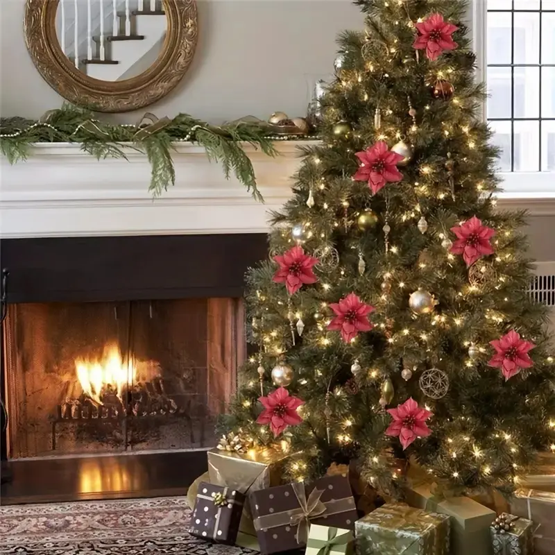 10 Piece Glitter Christmas Tree Decorations, Gold Colors, No Batteries Needed, Indoor Outdoor Use, Perfect for Festive Home Decor