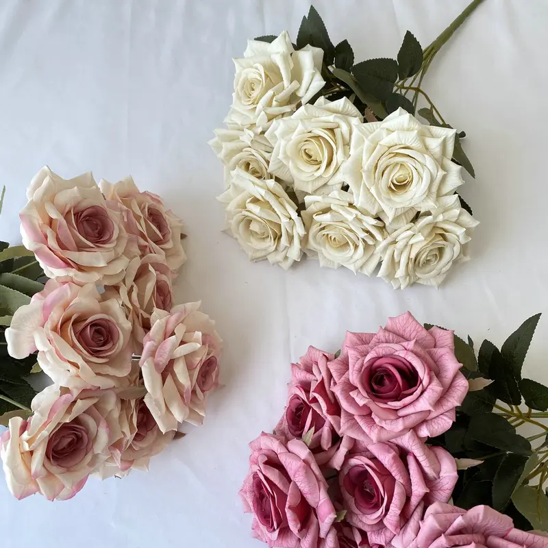 (10 Bunches) 7 Heads Silk Printed Diamond Artificial Rose Bouquet Stems, Realistic Faux Silk Roses, DIY Floral Arrangement for Wedding Banquet Birthday Baby Shower Table Centerpiece Party Decor