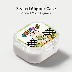 Cute Rabbit Holding Cabbage Print Aligner Case, Sealed Leak-Proof Orthodontic Retainer Box, Portable Dust-Proof Storage for Students Adults Travel