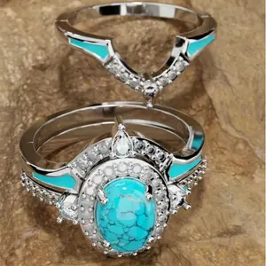 Cubic Zirconia 3-Piece Ring Set with Classic Turquoise Accents, Boho Women's Rings
