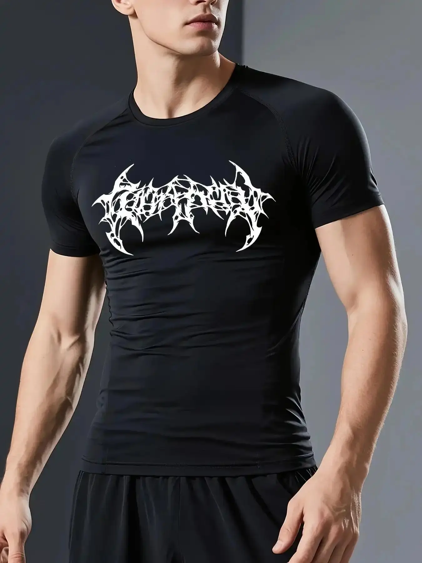 Men's Sporty Compression Short Sleeve Shirt, Athletic Running Shirts, Y2K Thorns Print, Breathable Quick-Dry Fabric, Activewear, Sports Clothing, Fitness, everyday wear, active lifestyle, on the go, essential piece