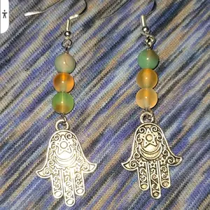 Peacock Agate Beaded Earrings with Hamsa charm, Nickel Free. crystal decor