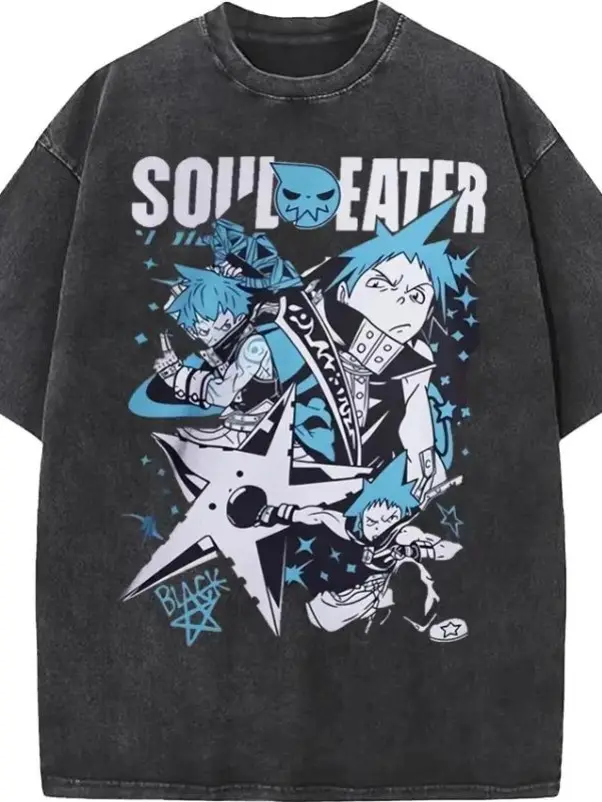 Vintage Washed Anime Graphic Tee | Soul Eater Black Star Oversized T-Shirt | Men's Retro Japanese Manga Streetwear | Valentine's Day Gift for Him