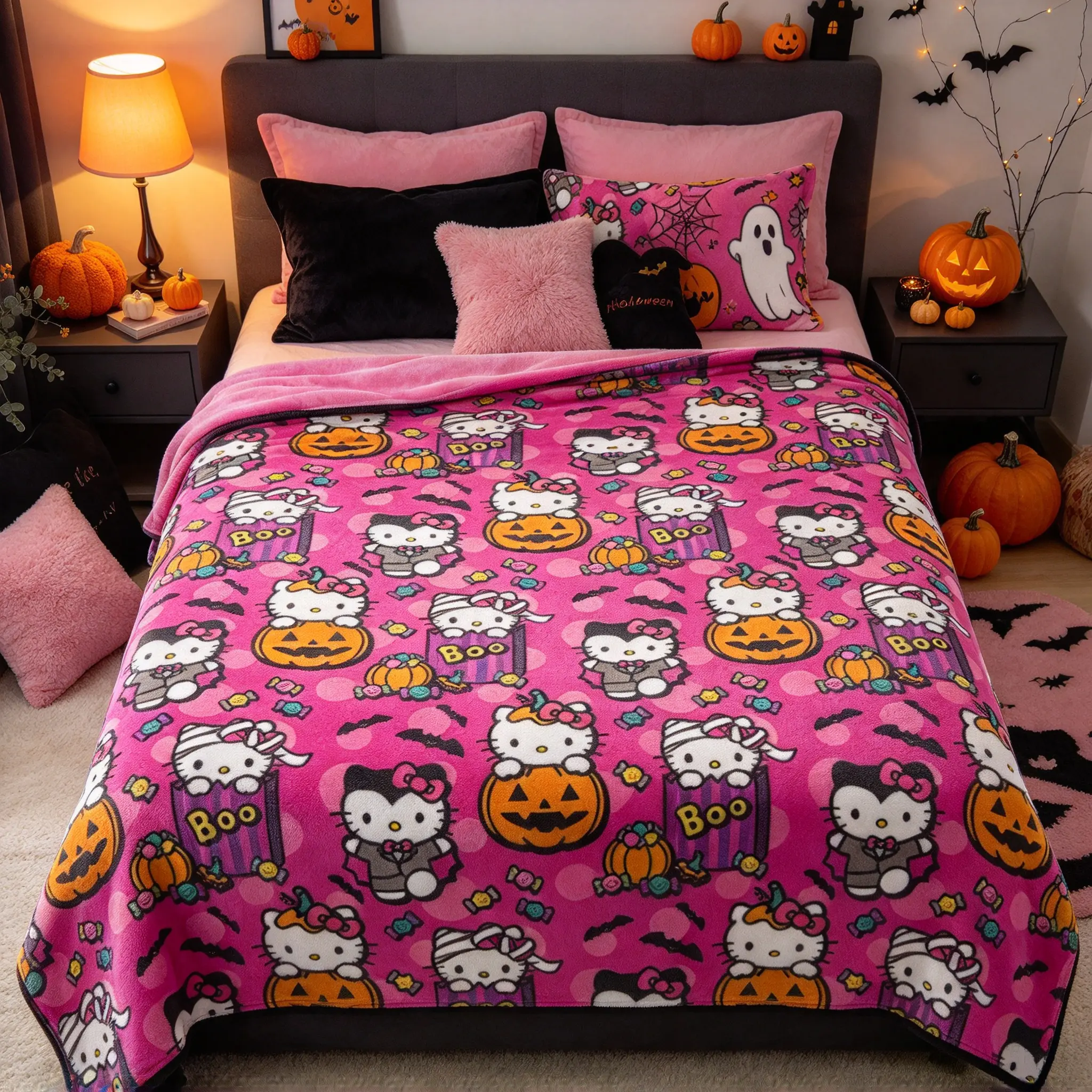 Hello Kitty Halloween Fleece Throw Blanket, Hot Pink Background Mummy Hello Kitty Pumpkin Boo Bat Candy Print Blanket, Available in 4 Sizes, Halloween Sofa Bedroom Decor