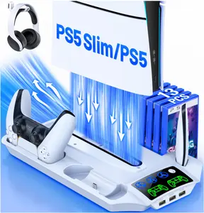 PS5 Stand for PS5 Slim Disc Digital, PS5 Cooling Station and Controller Charging Station for Playstation 5 Accessories with 3 Levels Cooling Fan, 3 USB Hub, Headset Holder, 13 Game Slots, Media Slot