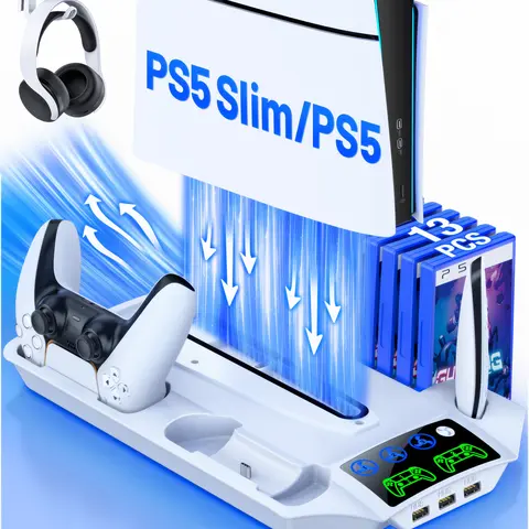 PS5 Slim Cooling Charger Stand – Integrated Console Accessory for Disc & Digital Editions, 3-Level Fans, 3 USB Ports, Headset Holder, 13 Game Slots, Media Slot, Dual Controller Fast Charging, 5V/3A AC Adapter, Space-Saving Organizer, Ps5 Accessories, Ac A