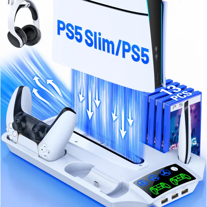 PS5 Slim Cooling Charger Stand – Integrated Console Accessory for Disc & Digital Editions, 3-Level Fans, 3 USB Ports, Headset Holder, 13 Game Slots, Media Slot, Dual Controller Fast Charging, 5V/3A AC Adapter, Space-Saving Organizer, Ps5 Accessories, Ac A
