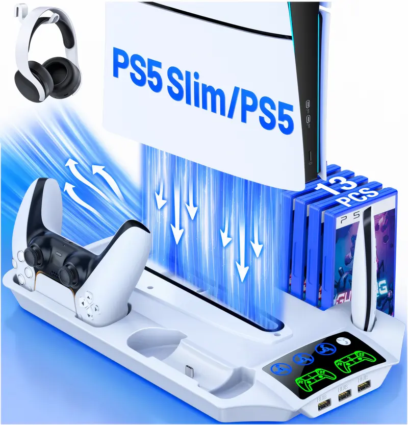 PS5 Stand for PS5 Slim Disc Digital, PS5 Cooling Station and Controller Charging Station for Playstation 5 Accessories with 3 Levels Cooling Fan, 3 USB Hub, Headset Holder, 13 Game Slots, Media Slot