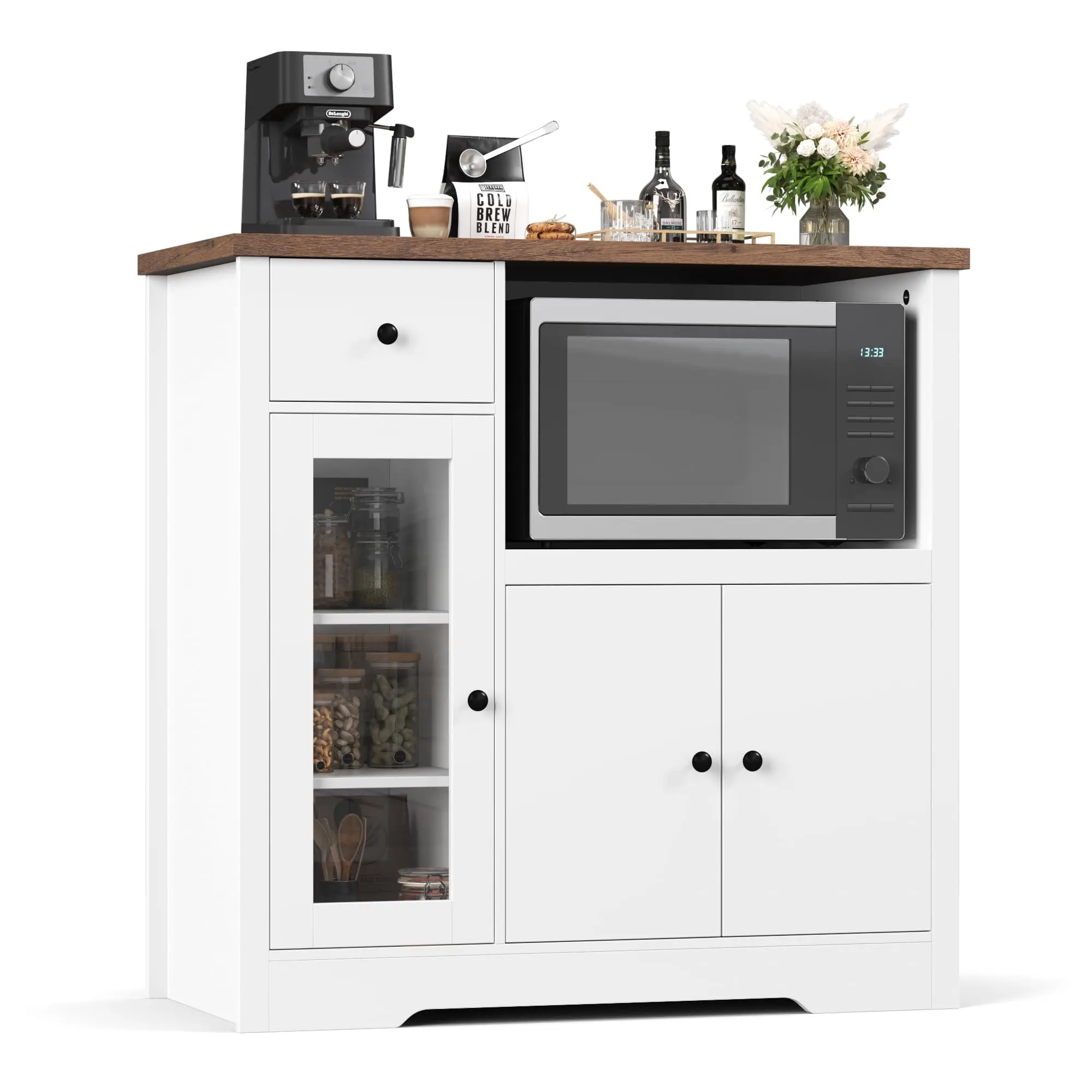 Modern Kitchen Microwave Cabinet with Adjustable Shelves, Drawers, Single & Double Doors, Wooden Sideboard Buffet for Dining or Living Room, Spacious Storage, Black