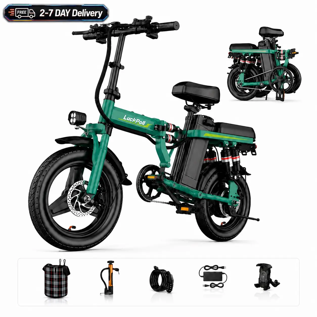 14" Compact Electric Bike for Adults, 1000W Peak Folding E-Bike (Green), 50 Mi Range, UL2849 Certified Outdoor Travel & Camping Bicycle