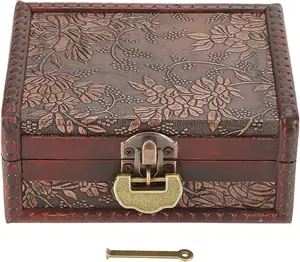 Vintage Wooden Multifunctional Storage Box with Lock and Key, Decorative Jewelry Treasure Organizer with Flowers, Antique Style, 13.3x10x5.4cm