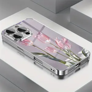 Pink glass tulip pattern, electroplated glass TPU full-cover lens mobile phone protective case, suitable for iPhone 17 16 15 14 13 12 11, Samsung and other series models, can be given as a gift to friends or family