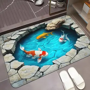 3D Illusion Pond Koi Fish Doormat - Slip-Resistant, Microfiber, Absorbent, Machine Washable Polyester Rug