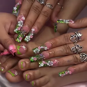 48pcs Long Coffin Nail Set, French Tip, 3D Flowers, Dragonflies, Glitter, Glossy, Reusable Nails, Party, Streetwear, Vacation