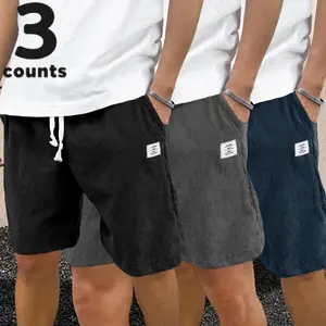 Men's 3-Pack Corduroy Shorts - Black, Grey & Navy - Elastic Waist with Drawstring, Side Pockets, Retro Style - Lightweight Fabric - Perfect for Summer, Beach, Casual Daily Wear - M-3XL Sizes