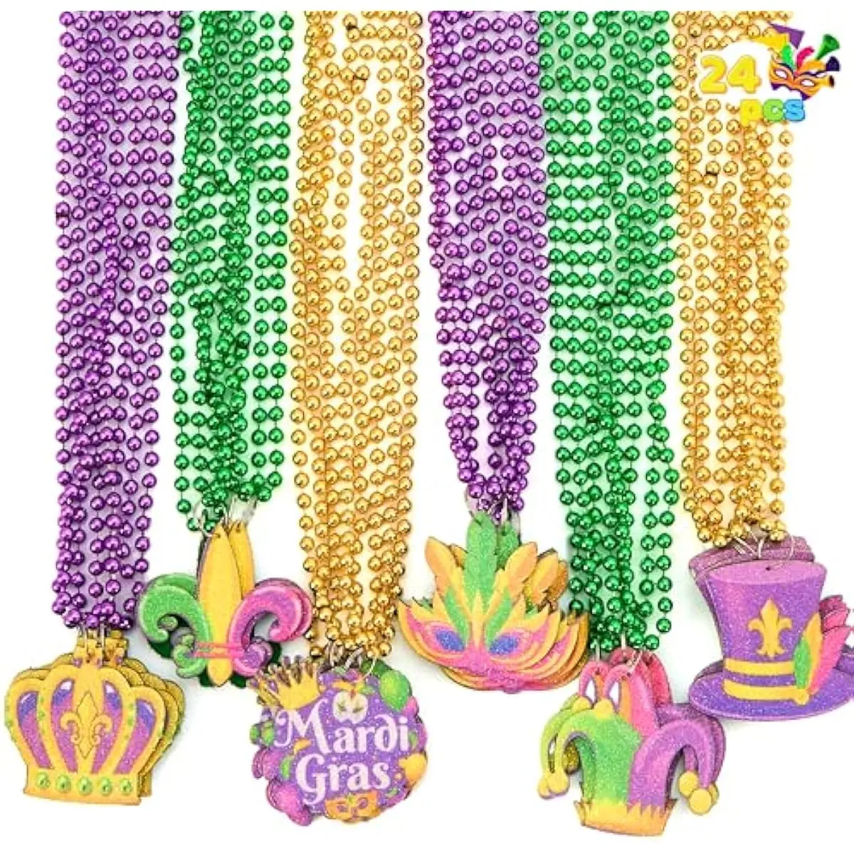 24 Pcs Mardi Gras Bead Necklaces with Pendant, 6 Designs Mardi Gras Necklaces, Gold Green Purple Beads Necklace Dress Up Costumes for Mardi Gras Party Decorations Supplies