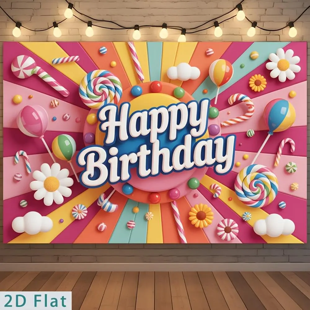 [2D Flat Banner] 2D Flat - 2D Flat - A 2D Flat Banner for Parties, Made of Polyester, Featuring a Colorful Candy Lollipop Design for a Joyful Birthday Celebration for Kids. Suitable for Decorating Various Ven