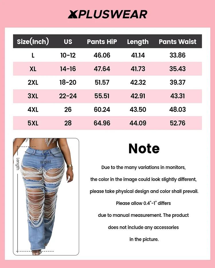 Xpluswear Plus Size Daily Fashion Jeans Casual Style Blue Long Pearls Denim Jeans, fashionable bottom
