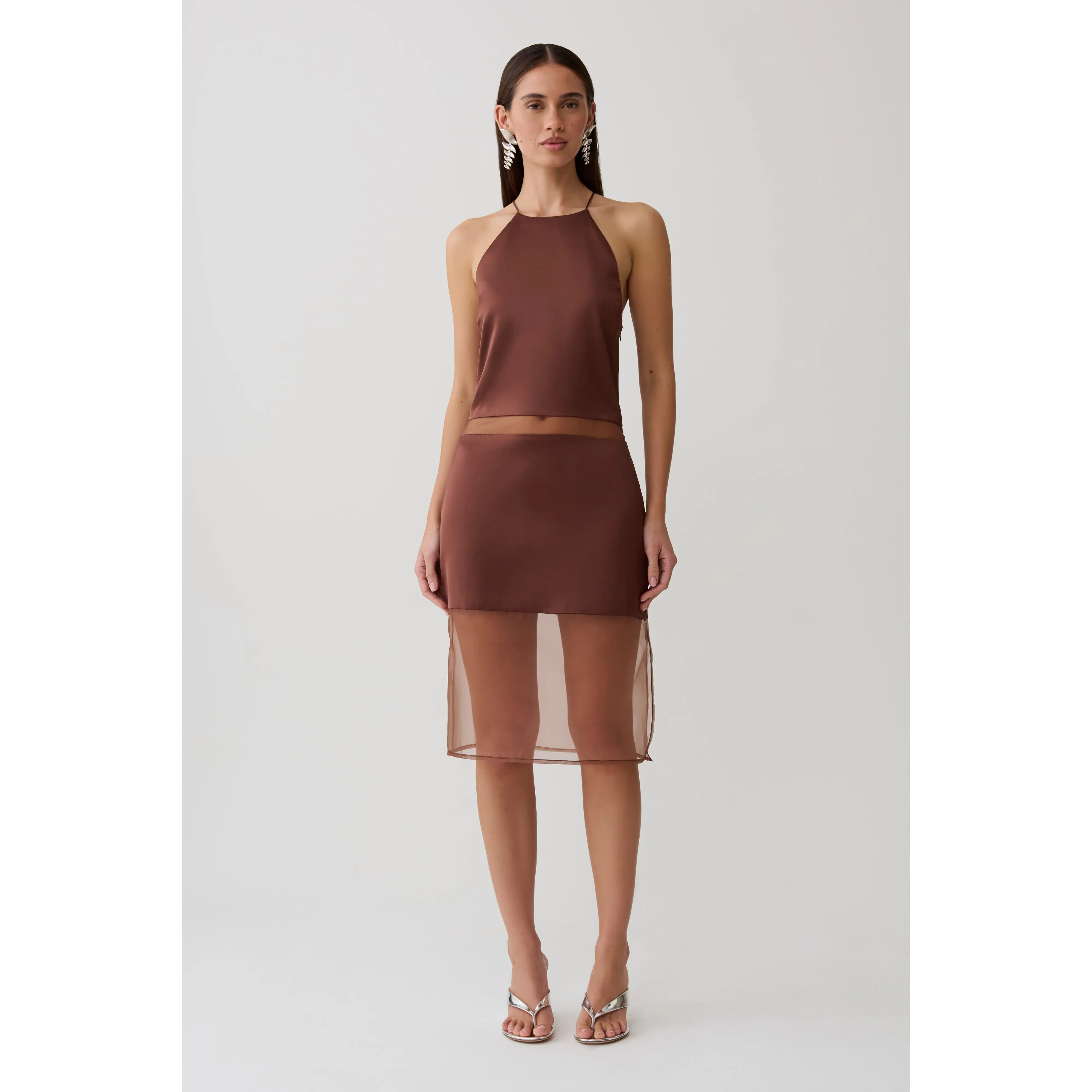 Priscilla Sheer Halter Midi Dress - Dark Chocolate