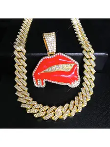 Diamond-studded oil-drip sexy red lip pendant hip-hop personalized creative alloy Cuban chain necklace