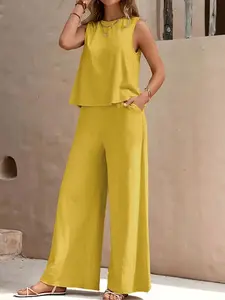 Women's Casual Basic Minimalist Vest Top and Wide Leg Pants Set, Relaxing Summer Home Clothing, Comfortable Two-Piece for Women