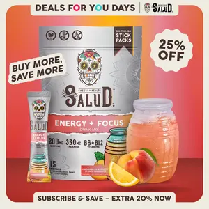 Salud 2-in-1 [Energy + Focus – Peach Lemonade] Clean Energy Drink Mix, Agua Fresca,  Organic Caffeine, B6 & B12, L-Theanine, Drink Packets, Non-GMO, Gluten Free, Vegan, Low Calorie, 1g Sugar (15 Servings), Deals For You Days