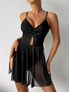 Women's One-Piece Swimsuit Adjustable Straps Cross Front Chest Hollow out Mesh Skirt Triangle Panties Solid Color Criss Cross Swimsuits, Skirted Swim Dress