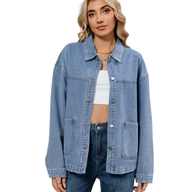 Women's Oversized Retro Denim Coat - Checkered Shawl Collar, Loose Lightweight Long Sleeve Button-Up Top with Feminine Straight Style, Tops, Coats, Simple, Comfortable, Longsleeves, Pockets, Casual, Minimalist, Basic, Fashion, Lightweight Poly, Outdoor, S