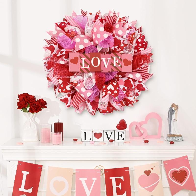 Waipfaru 17 Inch Valentines Day Mesh Wreath,Valentines Wreaths for Front Door with Love Wooden Sign Fishnet Yarn, Valentines Day Wedding Decorations for Indoor and Outdoor