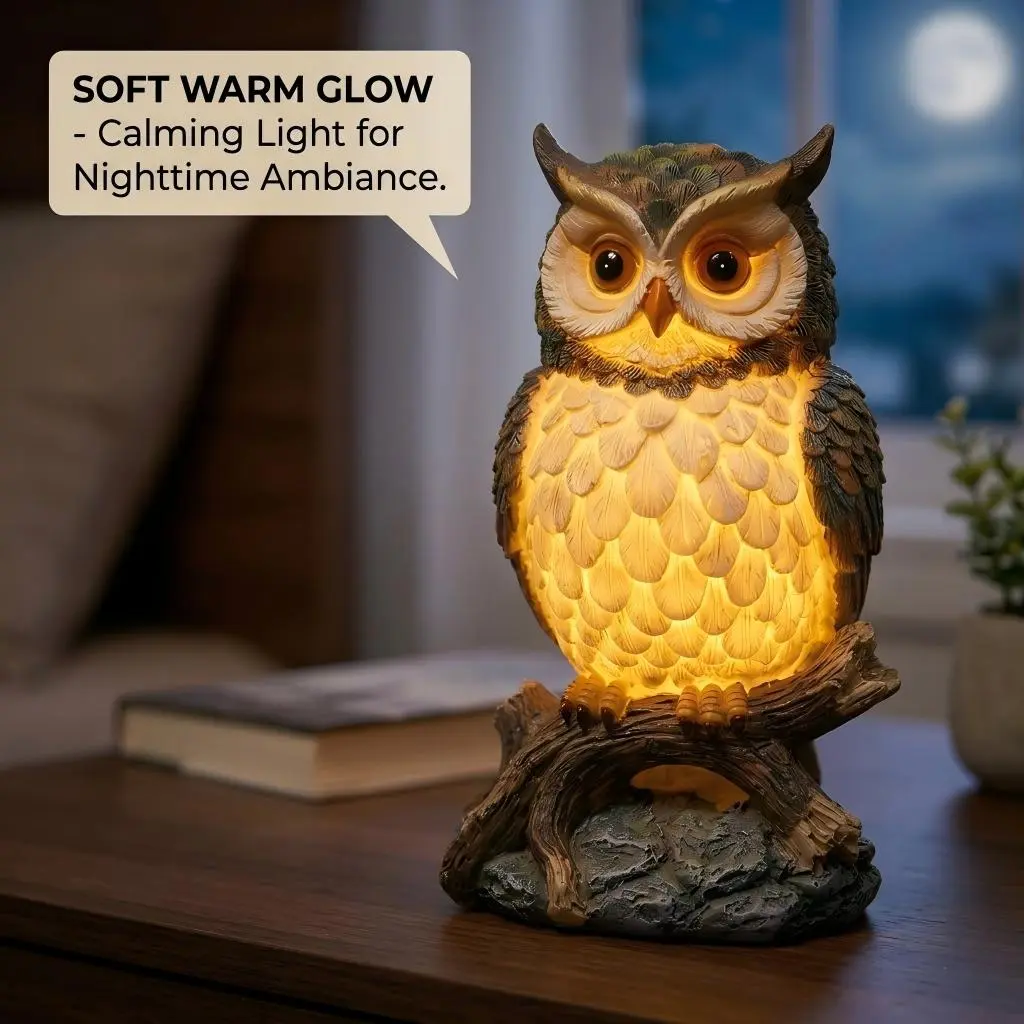 Resin Owl Statue Night Light, Animal Resin Figurine, Warm Glow Owl Sculpture Lamp, Home Office Decor, Decorative Ornament for Desk & Bookshelf