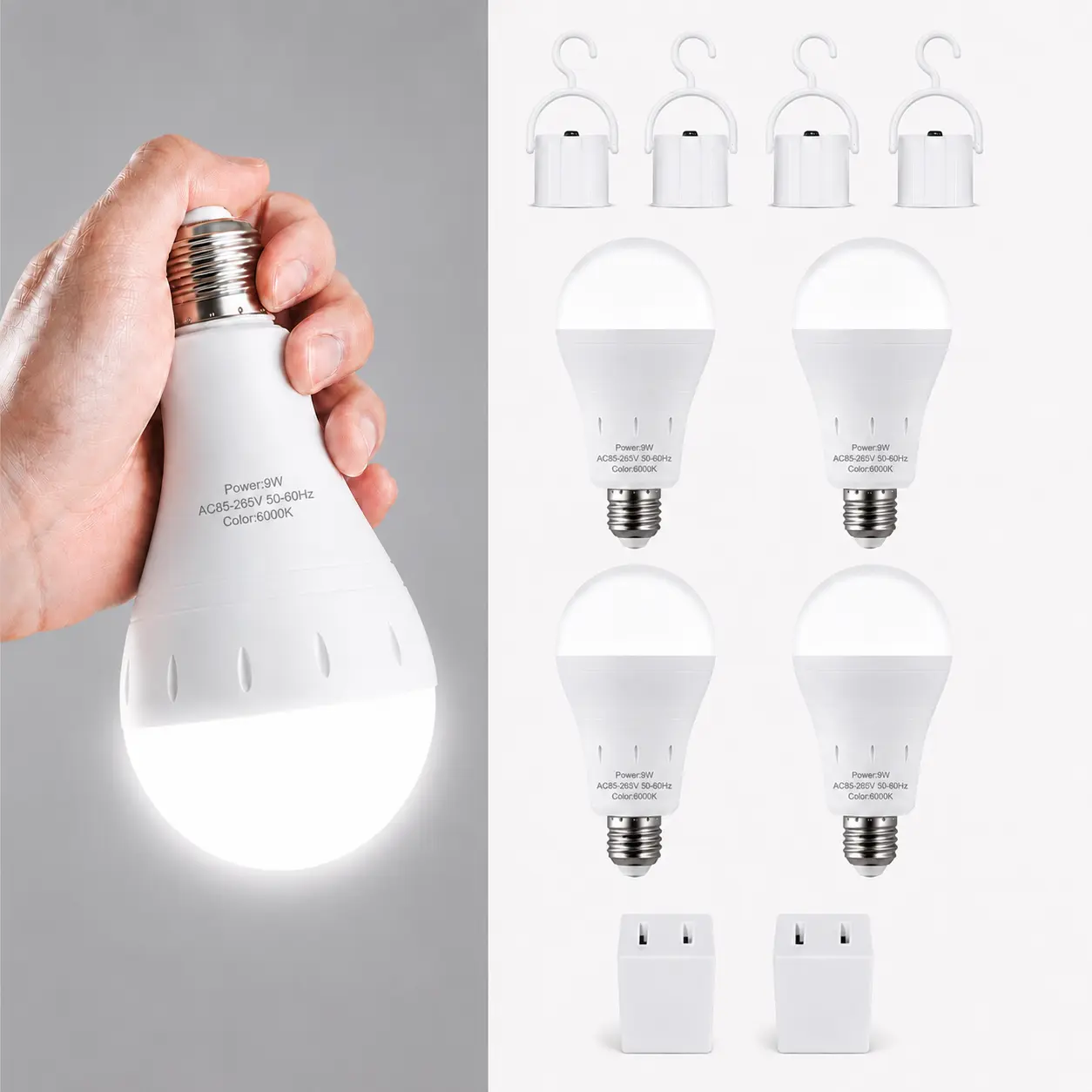 RELAMPBOL 4PK Rechargeable Emergency LED Light Bulbs, 60W Equivalent 9W E26, 3000K Warm Light/6000K White Daylight 800Lumens, 1200mAh Battery Backup, 2.28in Diameter 4.72in Height for Home Power Outage, Office, Warehouse