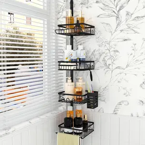 Corner Shower  Tension Pole,Rustproof Shower Corner ,4 tier Adjustable Bathroom Organizer Shelves for Bathtub Shampoo Storage,Tension Rod Floor Standing Bath Rack 34-101 Inch,Black