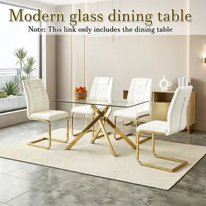 51.18" Rectangular Tempered Glass Dining Table, Chrome Plated Metal Legs for Living Room & Kitchen, Modern Aesthetic, Gold