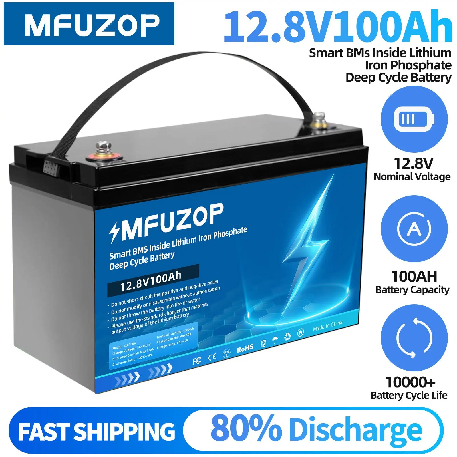 MFUZOP 12V 100Ah LiFePO4 Lithium Battery Rechargeable with 100A 