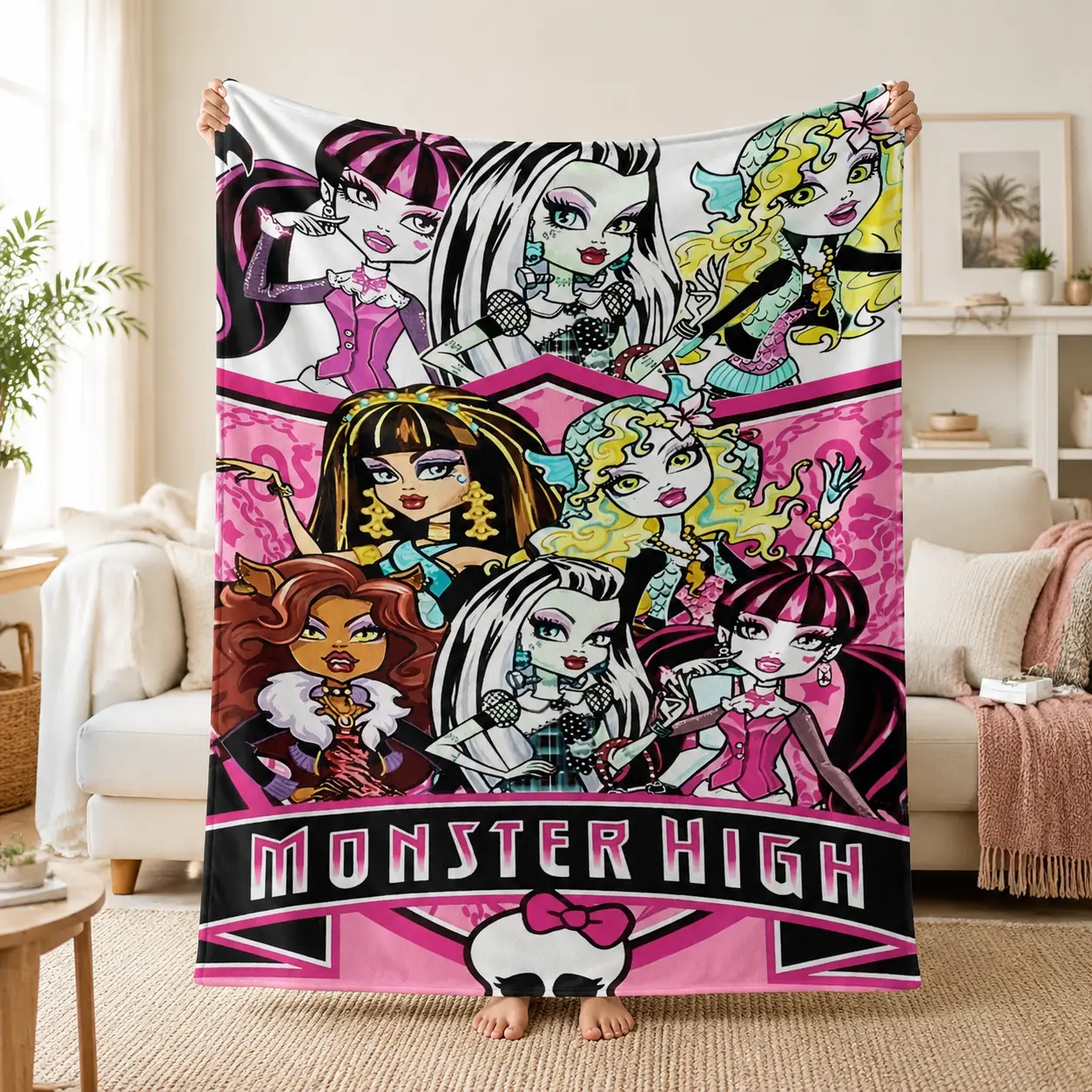 Pink Gothic Fashion Monster Girls Cartoon Portrait Throw Blanket Soft Flannel Cozy Blanket Skull Bow Pattern Y2K Aesthetic Bedroom Decor Gift